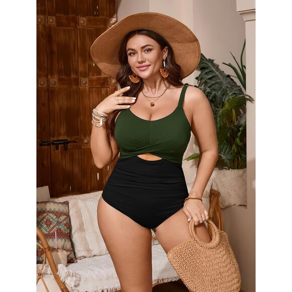 Women's Plus Size One Piece Swimsuit Bathing Suit Tummy Control Cutout Front NEW - Picture 3 of 6